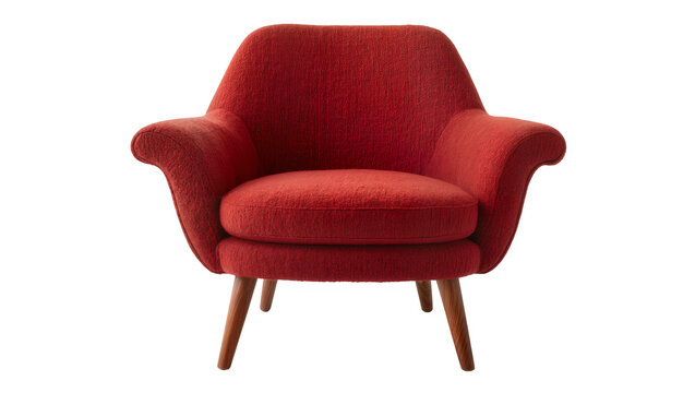 Mid-century modern armchair with red textured fabric and wooden legs