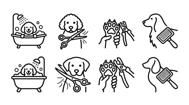 Dog Grooming Icons: Bathing, Haircut, Nails, Brushing - Pet Care Symbols
