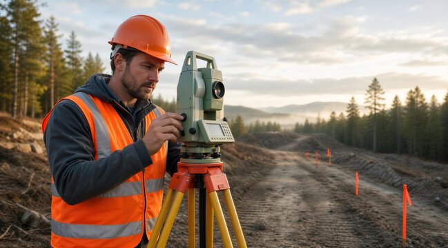 Male Surveyor Using Total Station at Construction Site