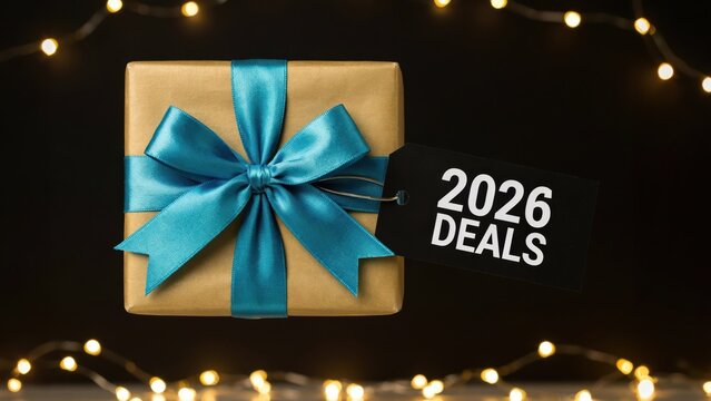 Brown gift box with blue ribbon and 2026 deals tag on dark background with bokeh lights