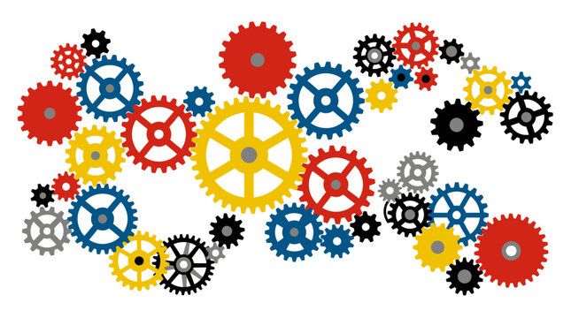 Colorful interlocking gears arrangement on white background, mechanical concept