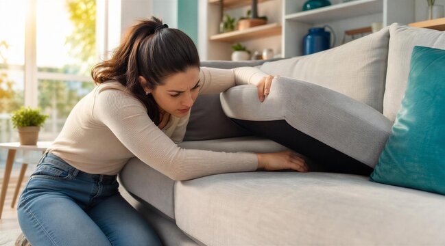 Woman Searching for Lost Item Under Sofa Cushion in Living Room