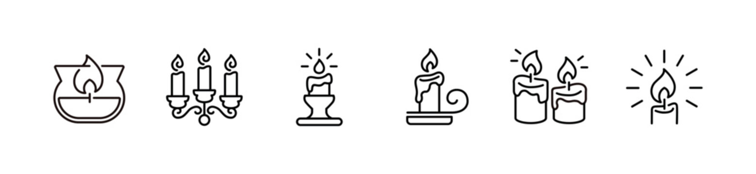 Candle flame icon line set. Burning flame candelabra wax candle light signs vector outline illustration