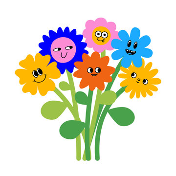 Vector hand-drawn doodle illustration, funny friendly flowers mascots and characters for branding, prints, packaging, stickers
