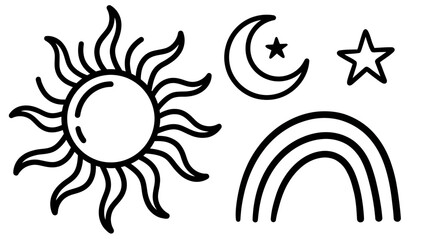 Boho Sun, Moon, Star and Rainbow Line Art Icons © Civic