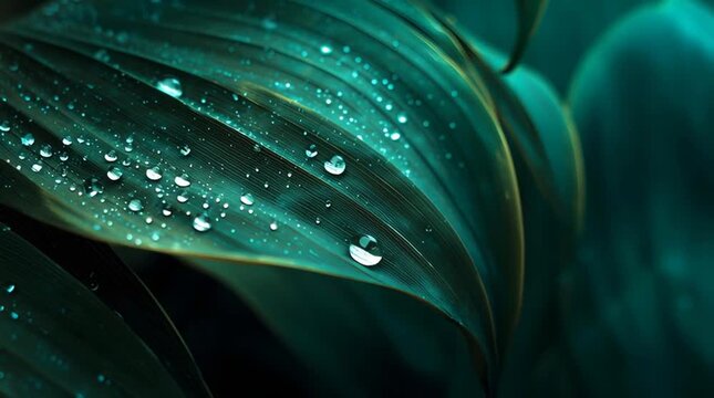 Lush green leaf macro texture with water droplet close up, moody green dew drops on tropical leaf, closeup water beads and tranquil texture
