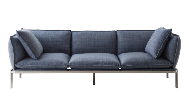 Modern three-seater sofa with blue fabric upholstery and metal legs