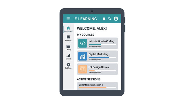Tablet displaying E-learning platform with online courses and active sessions