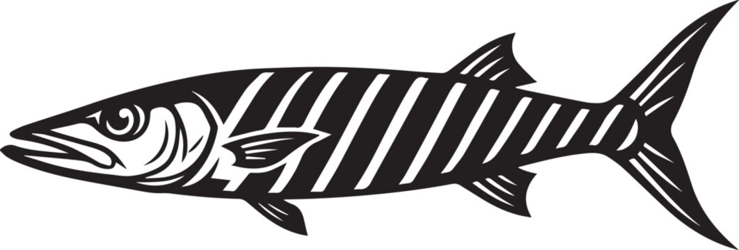 Vintage barracuda fish vector illustration, black and white predatory sea fish mascot, woodcut style saltwater barracuda for fishing logo