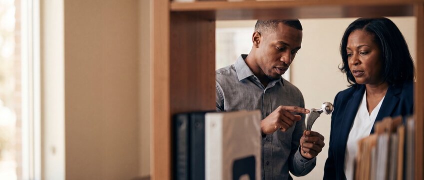 Black medical professionals discuss orthopedic hip joint implant prosthesis during clinical consultation in modern office hospital setting focusing on arthroplasty surgery technology science research.