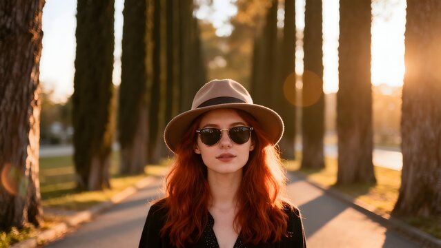 Woman in hat and sunglasses on treelined path