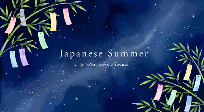 七夕の背景イラスト,水彩風の天の川と星空、夏の濃紺フレーム枠、笹飾りと短冊の長方形デザイン背景、七夕祭り広告素材,手描きベクター,笹の葉飾り枠,七夕イベント