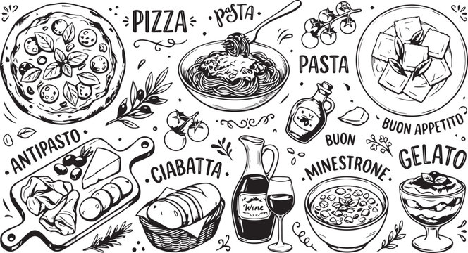 Hand drawn Italian food vector set, vintage black and white pizza and pasta illustrations, rustic restaurant menu sketches with gelato and wine