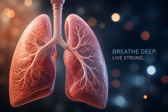 A detailed, illuminated anatomical rendering of human lungs and trachea against a dark, bokeh background with the text "BREATHE DEEP. LIVE STRONG."