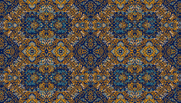 Intricate and ornate symmetrical damask pattern in deep blue and golden yellow hues, evoking a sense of luxury and historical richness.