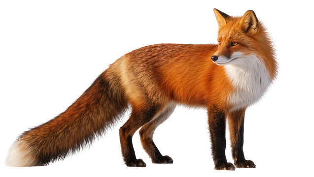 Red fox with bushy tail standing profile view