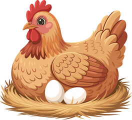 Hen sitting peacefully in a straw nest while incubating her white egg vector on white background. © TahrinAkther