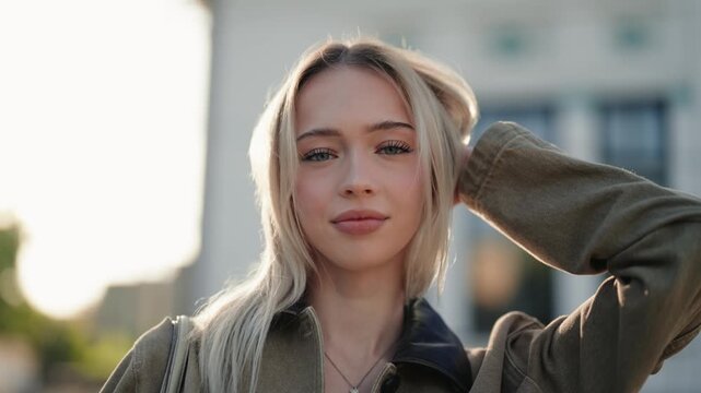 Charming young woman with blonde hair looking at the camera and smiling while standing on a city street. Beautiful sunshine in the background creating a warm, dreamy and positive atmosphere