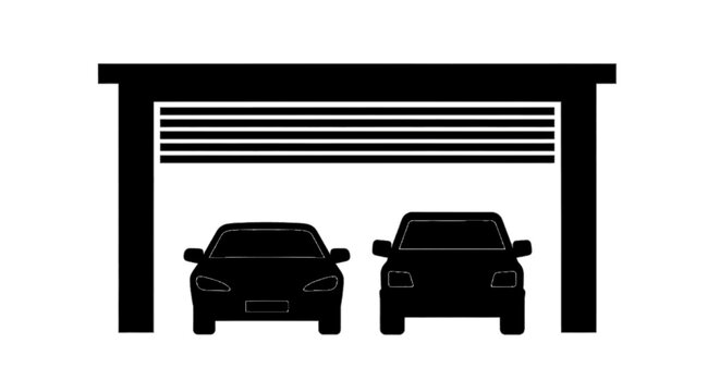 Minimal black silhouette icon, simple flat vector, bold black shape, no gradients, no shading two cars parked inside a garage with a closed rolling door on a, flat icon style