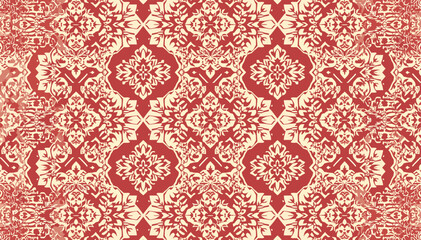 Intricate symmetrical damask pattern in warm red and cream, featuring ornate floral and scroll motifs for decorative textile design. © abi