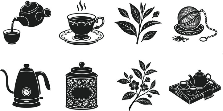 Black tea time silhouettes vector icon set featuring teapot teacup electric kettle canister and leaves isolated on white background