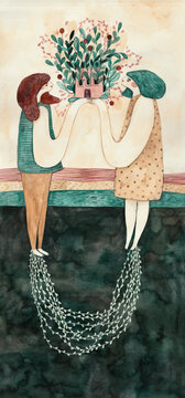 Two girls holding onto a house with roots underneath them. 