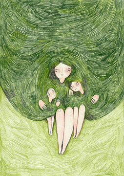 Mother and two kids in the middle of green texture