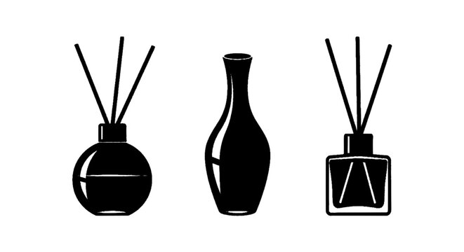 Minimal black silhouette icon, simple flat vector, bold black shape, no gradients, no shading set of reed diffusers and a vase on a, flat icon style