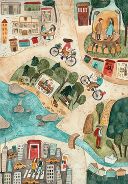 A small map with a lot of details and two persons riding a bicycle.