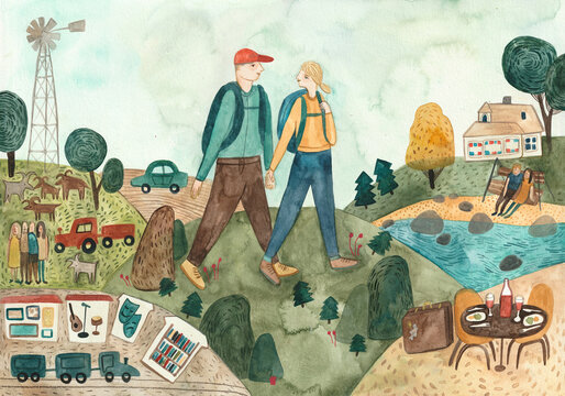 A couple walking together through fields and nature