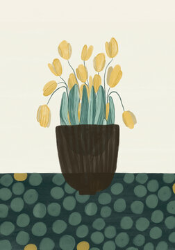 A vase on the table with yellow tulips