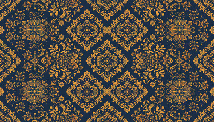 Seamless ornate gold damask pattern on a dark blue background, featuring intricate traditional floral and geometric motifs for a luxurious textile design. © abi