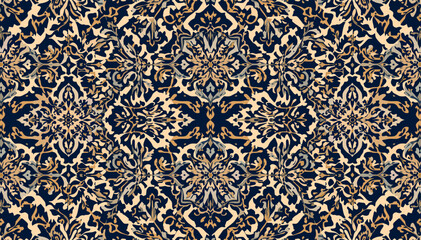 Intricate symmetrical pattern in dark blue and beige, resembling a traditional ornate textile design or a luxurious carpet motif with swirling decorative elements. © abi