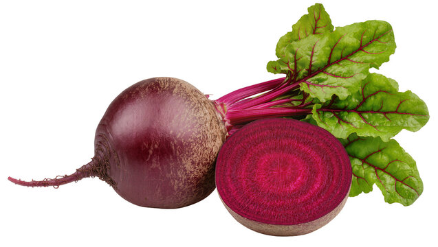 Whole and halved beetroots with green leaves and red stems