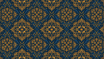Ornate gold and dark blue damask pattern with intricate floral and geometric motifs, creating a luxurious and elegant decorative background. © abi