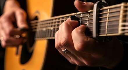 Obraz premium Guitarist strumming acoustic guitar, close-up on hands and neck