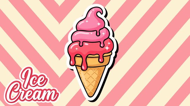 Fun animated footage featuring a colorful melting ice cream cone on a striped pastel background. Perfect for summer promotions, dessert ads, food campaigns