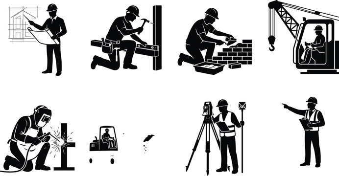 Construction workers and engineering professionals silhouette icons set featuring architect carpenter bricklayer welder surveyor and supervisor isolated on white background