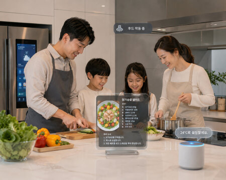 Father And Children Cooking With Smart Kitchen Screen