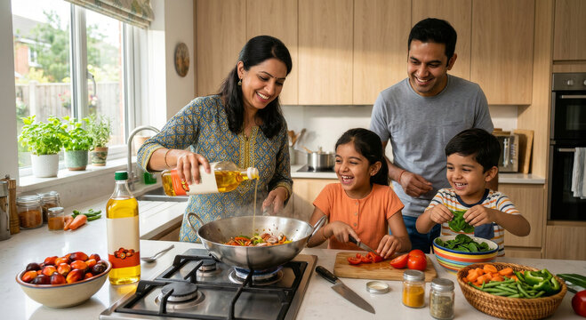 Happy Indian Family Cooking In Modern Kitchen