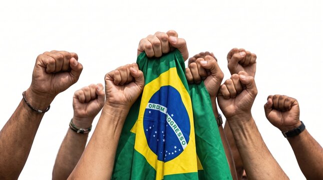 diverse people raising clenched fists and holding brazilian flag together against white background, symbol of unity, freedom and national pride, concept of social campaigns, patriotic advertising
