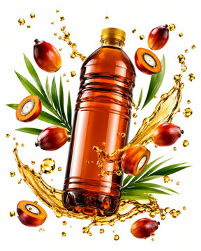 Palm Oil Bottle With Fruit Splash On White Background
