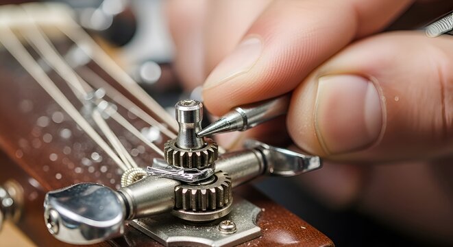 Guitar tuner repair close up. Hand adjusting string tuning peg