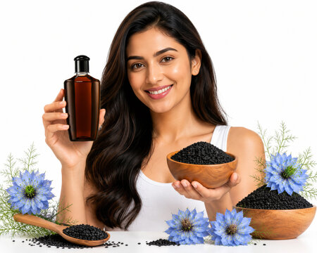 Woman Holding Black Seed Oil And Seeds