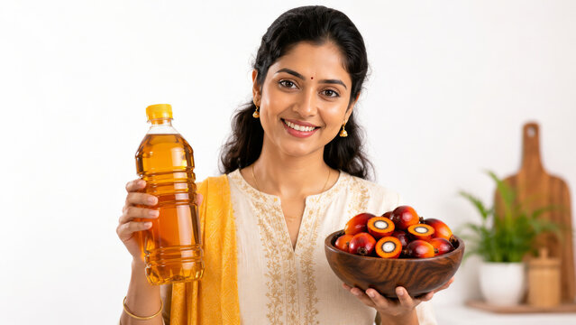 Woman Holding Palm Oil Bottle And Fruits