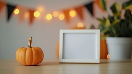 Blank white picture frame with autumn pumpkin decor and festive halloween bunting background for seasonal holiday celebration