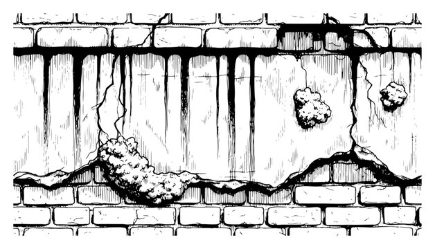 Grungy Decaying Brick Wall with Dripping Liquid Streaks, Vintage Engraving Vector of Industrial Ruin and Cracked Plaster Texture