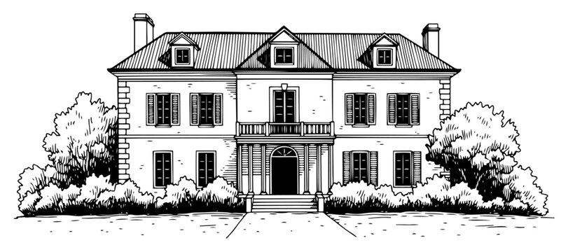 Classical European Mansion Building with Garden, Vintage Engraving Vector Illustration of Luxury Estate Manor House