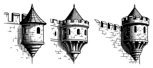 Medieval Castle Turrets and Watchtowers Set, Ancient Stone Wall Fortifications, Vintage Engraving Architecture Art © JakubVectorSketch
