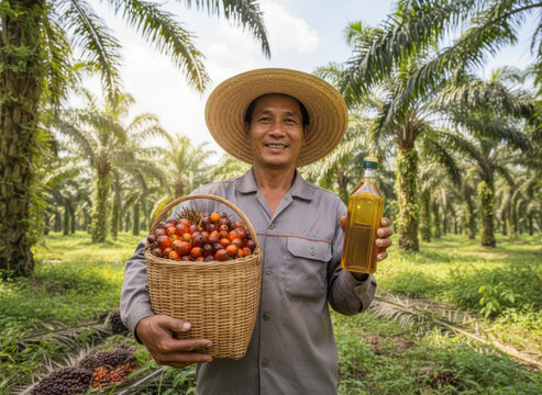 Asian Farmer Holding Palm Fruits And Oil Bottle